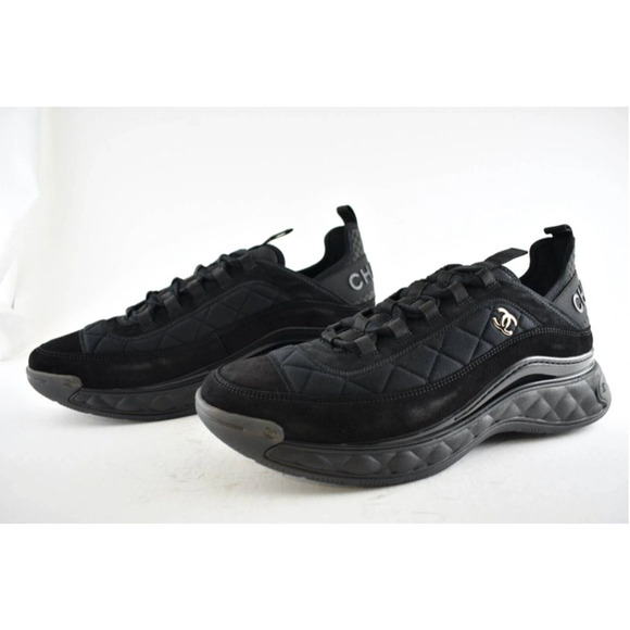 Chanel 21K Mens Black Grey CC Logo Lace Up Tie Low Top Trainer Sneaker 44 11 - Picture 7 of 10